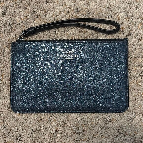 Coach Midnight Blue Glitter Sparkly Wristlet Bag - Picture 1 of 7